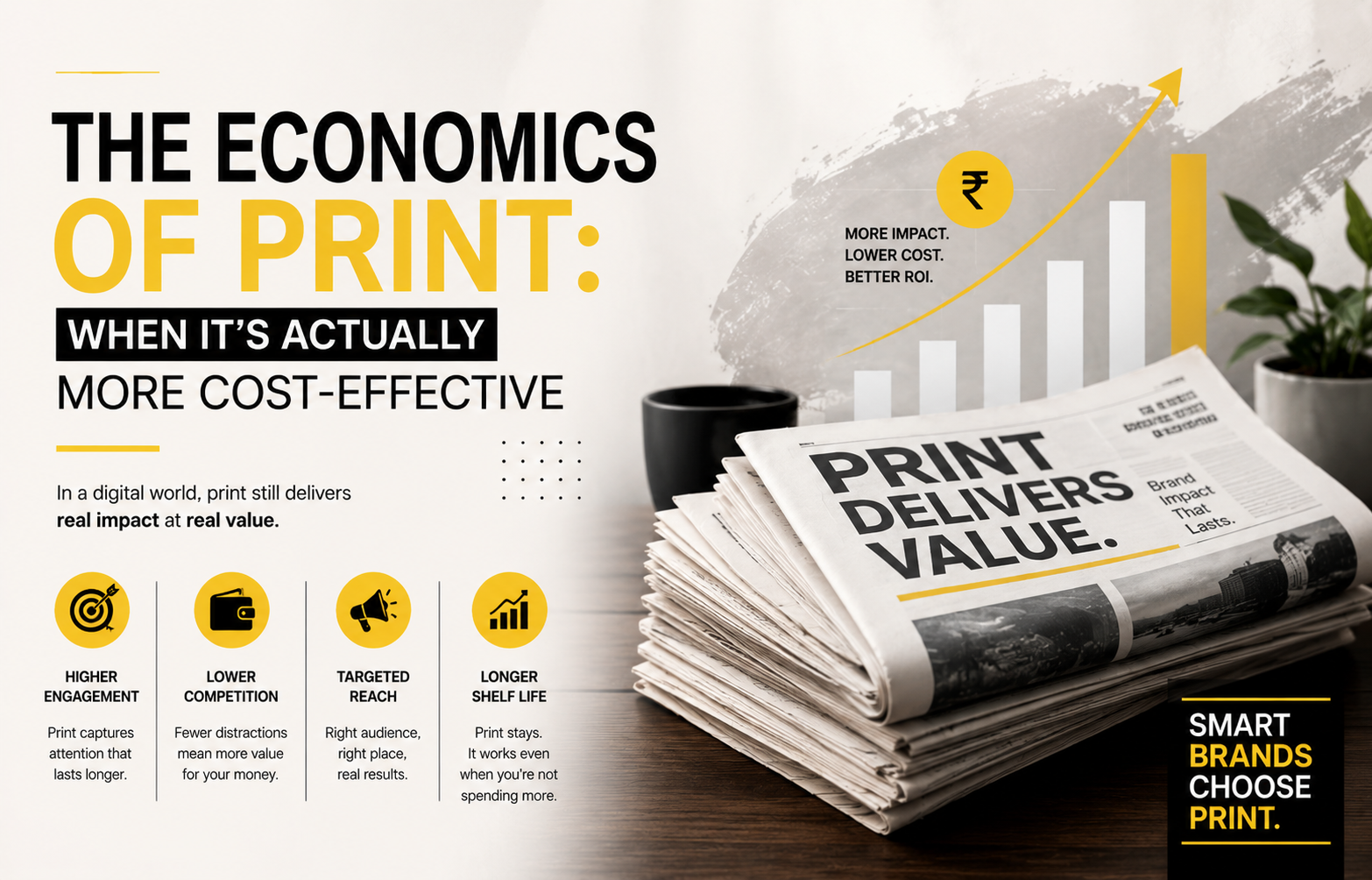 Print media banner showing newspapers and print advertising ROI concept.